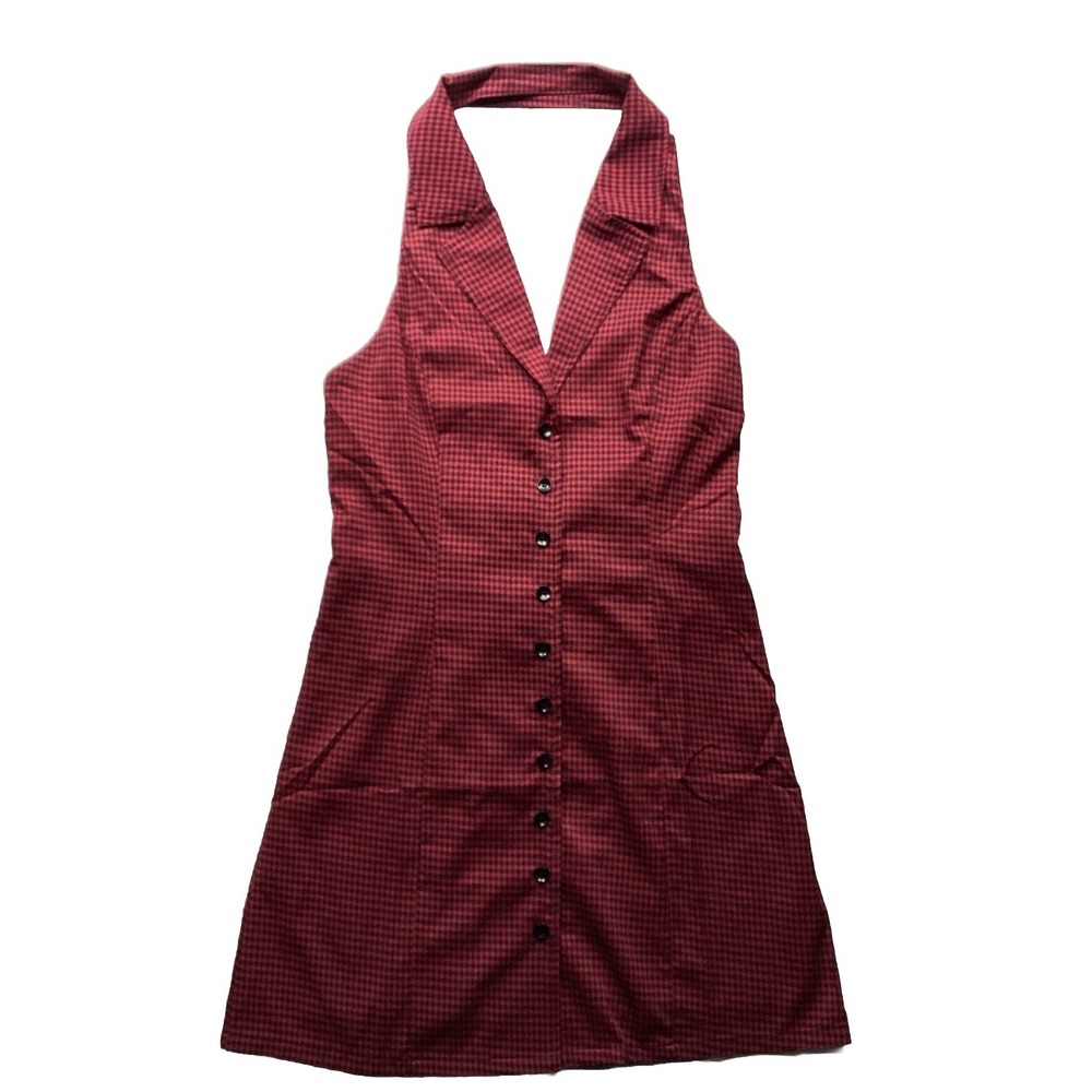 NWT Emory Park Sleeveless V Neck Halter Vest Short Checkered Button Up dress Red - Picture 10 of 16